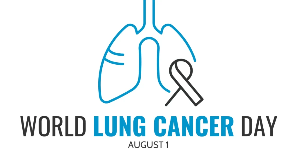 Blue outline of lungs with a ribbon, text reads "World Lung Cancer Day, August 1